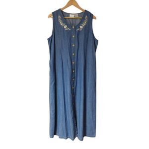 Vtg Womens Denim Long Dress Back Tie Blue Sleeveless Modest Sz Large Embroider